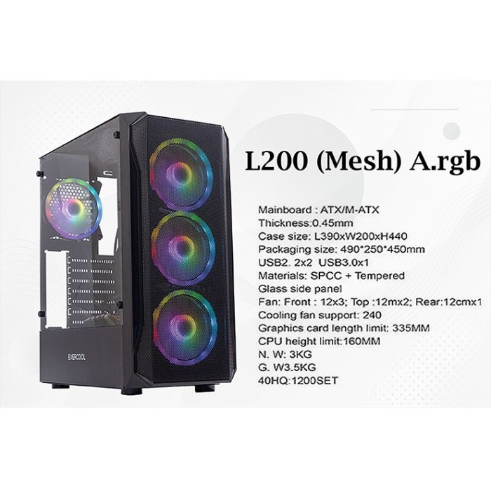 کیس گیمینگ اورکول EVERCOOL GAMING CASE L200 RGB - 4 FAN